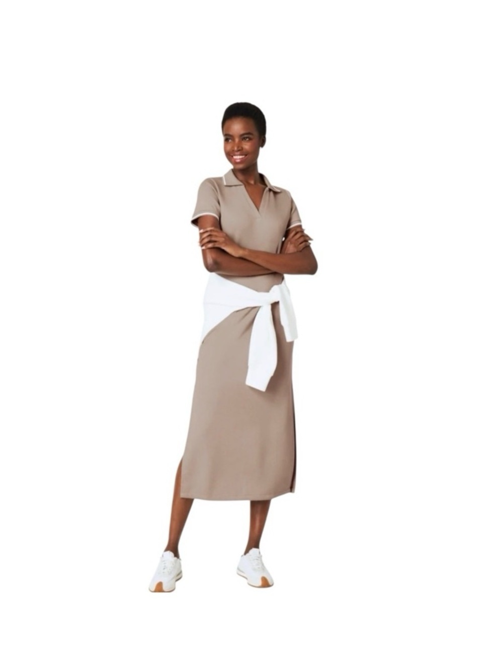 NWT SPANX AirEssentials Pique Polo Taupe Polo-Style Midi Dress with Side Slit L - Picture 2 of 9